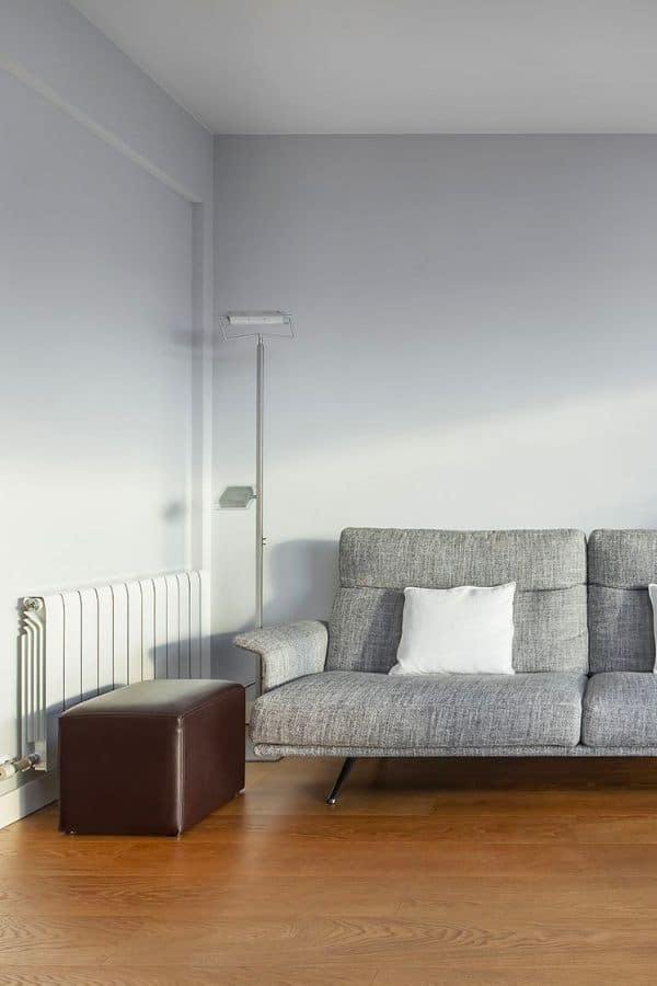 Salón con sofá gris y parquet en madera oscura